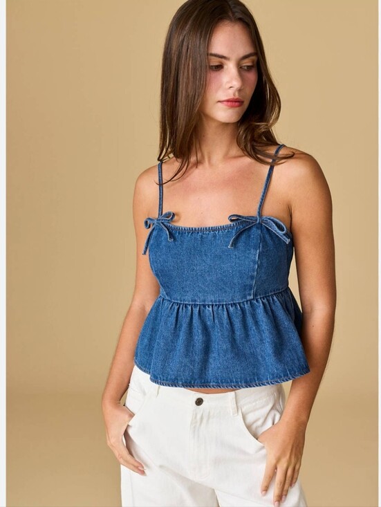 American Eagle Outfitters Tops - AEO Denim Bow-Detail Spaghetti Strap Peplum Top - Size M